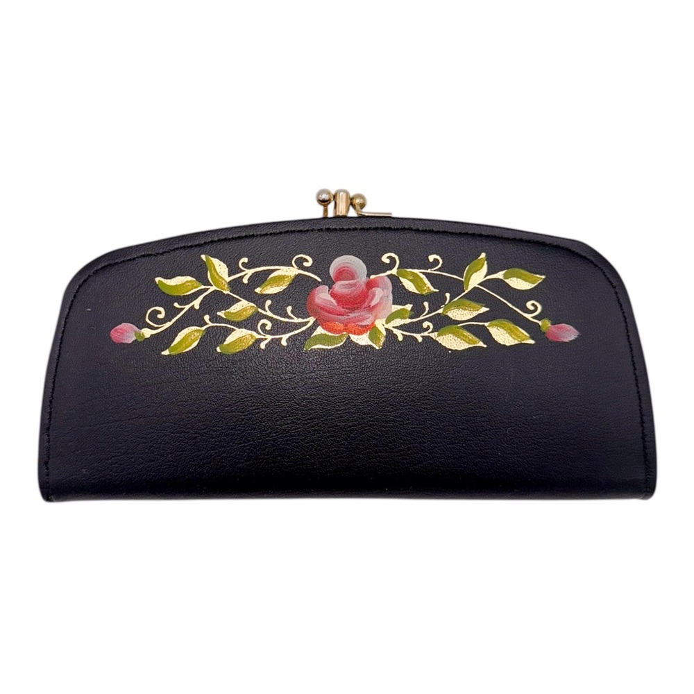 Vintage 1960s Handpainted Floral Motif Snap Clasp Tri-Fold Wallet